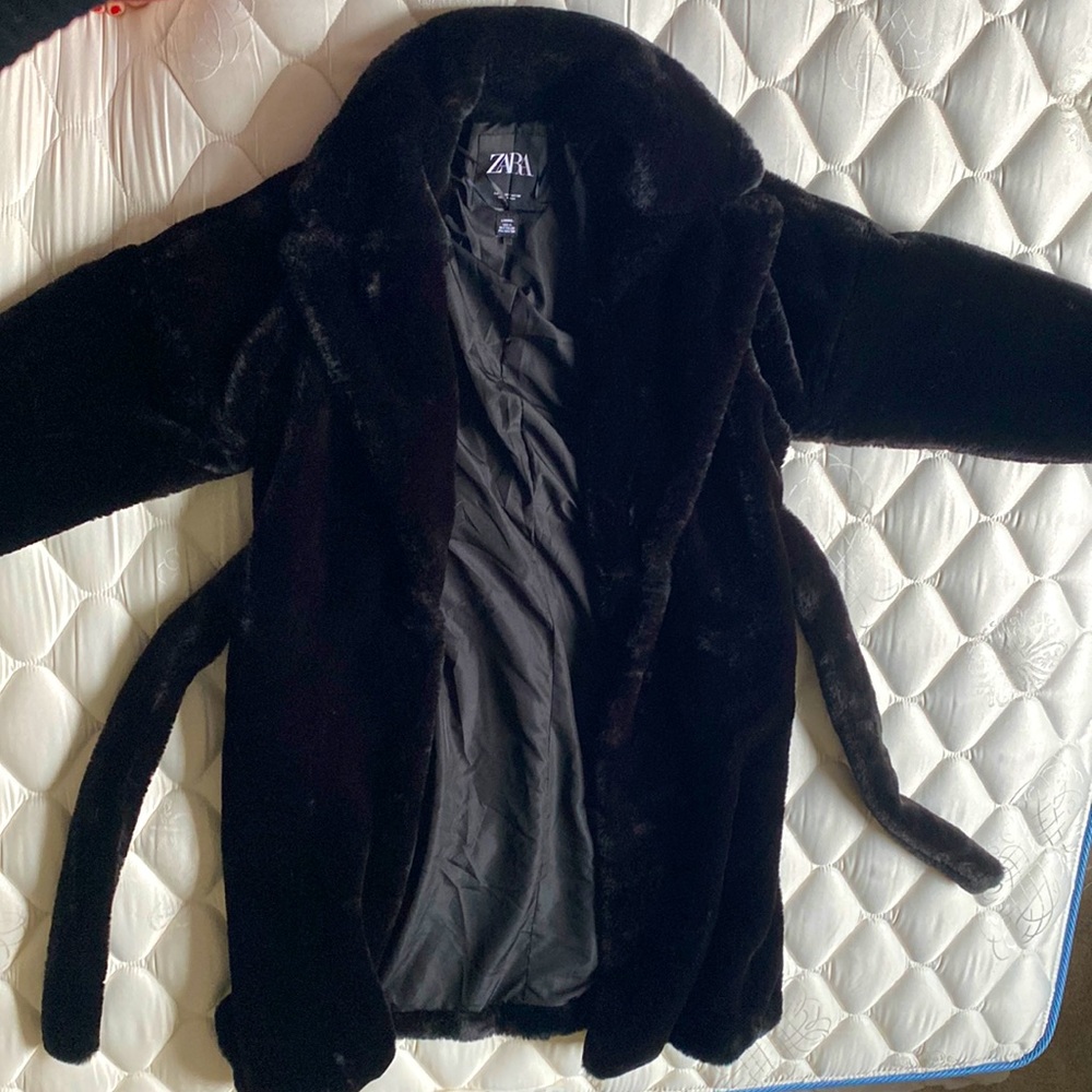 ZARA Faux Fur Black Long Coat